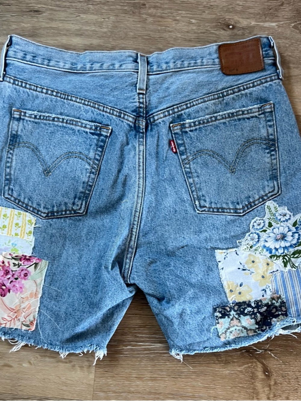 Upcycled Levi's Blue Patchwork High-Rise Jean Shorts - Picture 5 of 9